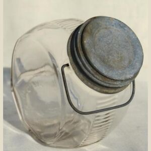 Two Antique Owens Illinois Glass Pantry Countertop Display Tilt Jars Zinc Lids